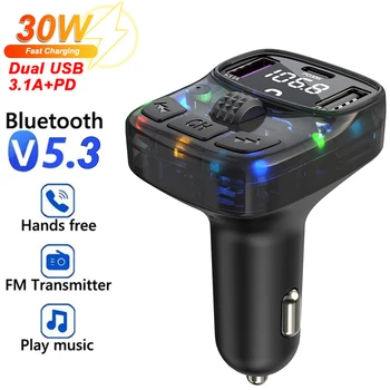 Автомобильный Bluetooth 5.3 FM-передатчик PD Type-C, быстрое зарядное устройство с двумя USB 3.1A, Красочный рассеянный свет, Громкая связь, MP3-плеер, адаптация 1