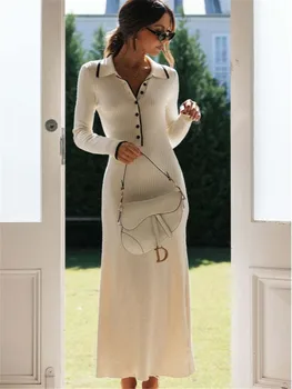 Женское платье Макси с отложным воротником и пуговицами, с длинным рукавом, из рубчатого трикотажа, Модное платье Vestidos, Элегантная осенне-зимняя повседневная женская одежда 1