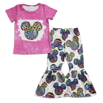 GSPO0455 Детская одежда для девочек Весна Осень Топ с коротким рукавом и расклешенные брюки Комплект из 2 предметов Молочный шелк 1
