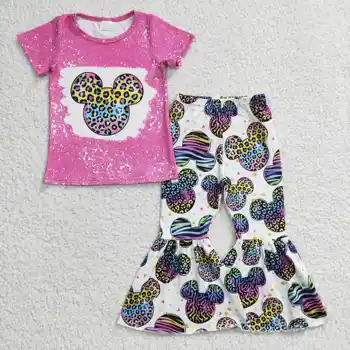 GSPO0455 Детская одежда для девочек Весна Осень Топ с коротким рукавом и расклешенные брюки Комплект из 2 предметов Молочный шелк 2