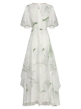 Seasixiang, Модное дизайнерское Летнее шифоновое платье, женское платье с V-образным вырезом, Пышный рукав, Цветочный принт, Оборки, Элегантные вечерние длинные платья 2