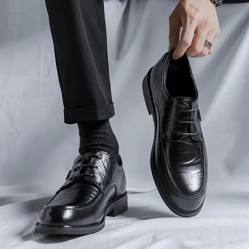 Мужская деловая официальная кожаная обувь, мужская кожаная обувь с тремя швами, мужская черная мягкая свадебная кожаная обувь для жениха с тремя швами Изображение 1
