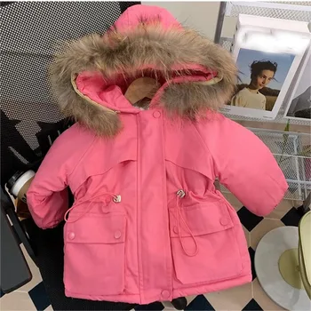 Зимние модные детские парки для девочек, меховые куртки с капюшоном, однотонные утепленные теплые пальто Windy Breaker 2