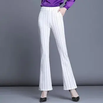 Осенне-зимние женские брюки с высокой талией в полоску и карманами в стиле пэчворк 2023, тонкие эластичные модные повседневные Элегантные брюки для пригородных поездок с динамиками 1