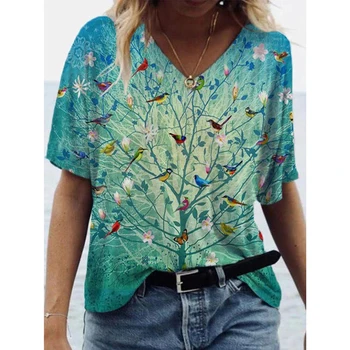 2023 Женская Летняя футболка с коротким рукавом и V-образным вырезом с 3D принтом, женская футболка в Ретро этническом стиле, Модная элегантная Женская футболка Y2K 1