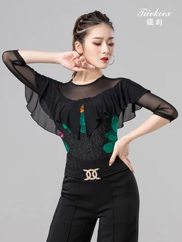 X2158 Женская модемная латиноамериканская блузка, танцевальный топ для девочек, женский бальный танец с длинным рукавом, вальс, рубашка с оборками для бальных танцев 1