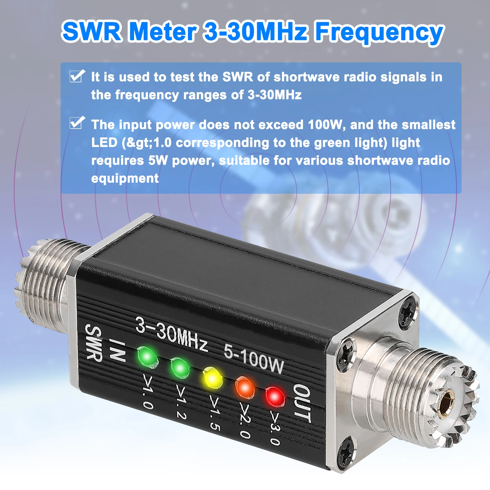 Светодиодный измеритель КСВ с частотой 3-30 МГц, коротковолновый индикатор стоячих волн с 5 светодиодами, интерфейс M Female Изображение 1