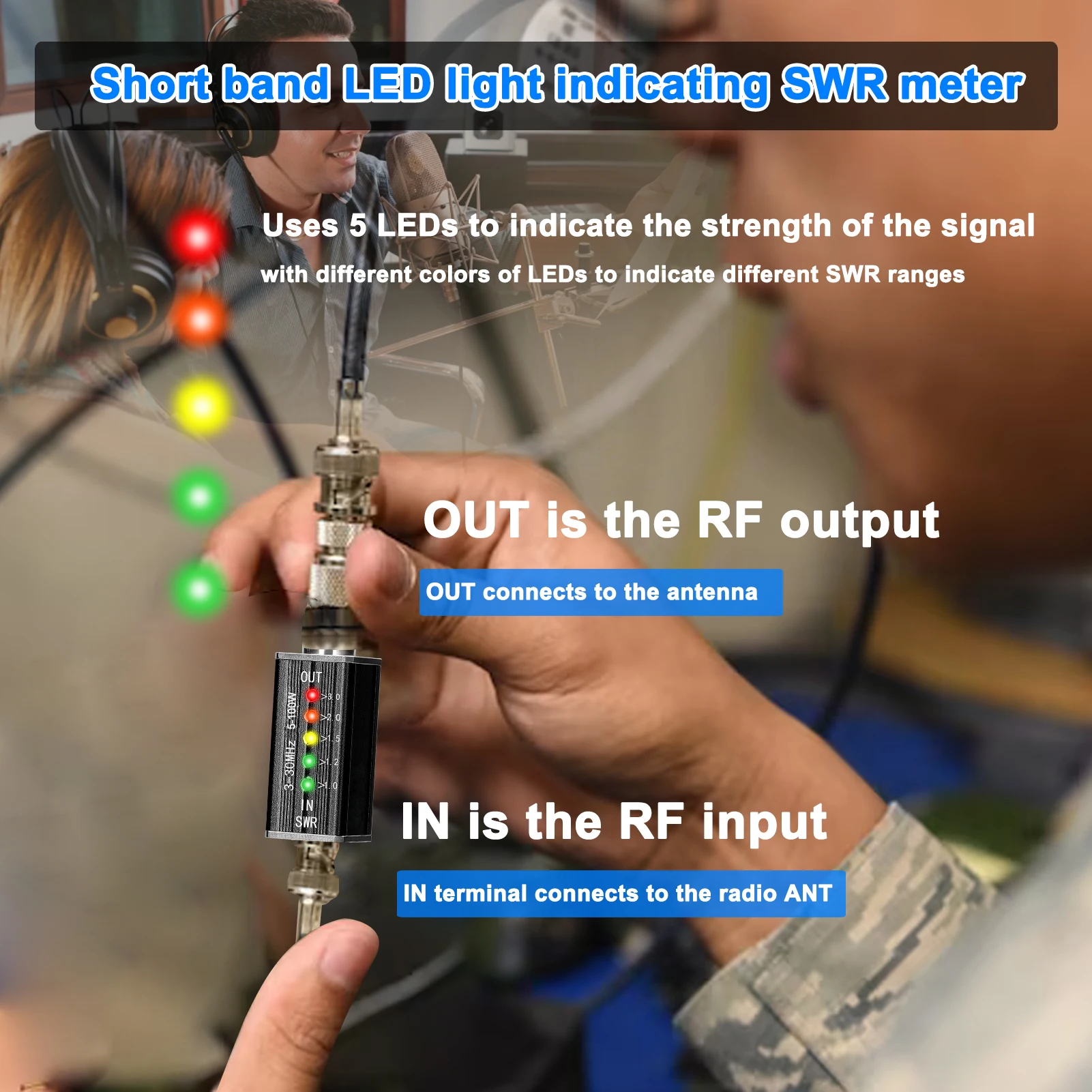 Светодиодный измеритель КСВ с частотой 3-30 МГц, коротковолновый индикатор стоячих волн с 5 светодиодами, интерфейс M Female Изображение 2