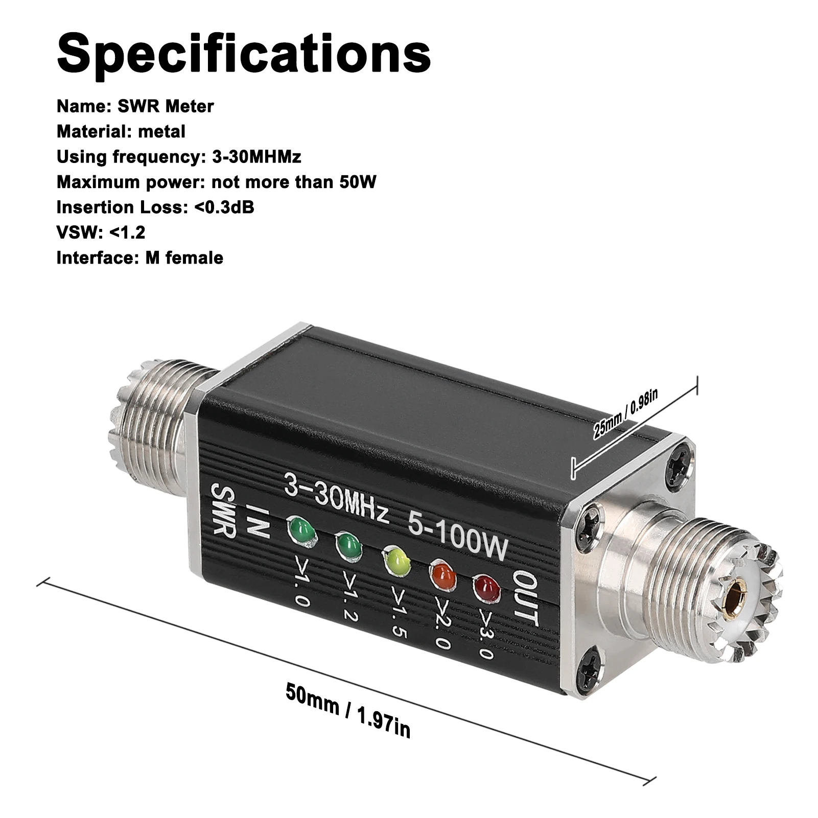 Светодиодный измеритель КСВ с частотой 3-30 МГц, коротковолновый индикатор стоячих волн с 5 светодиодами, интерфейс M Female Изображение 4