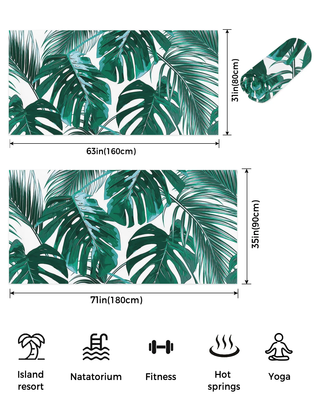 Зеленые тропические растения в джунглях, пальмовые листья, Пляжные полотенца, Негабаритное Впитывающее Песок Пляжное одеяло для путешествий, Легкое полотенце Изображение 3