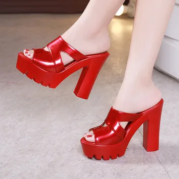 Маленькие размеры 32-43, шлепанцы на высоком каблуке, Летняя женская обувь на платформе, 2023, красные тапочки на толстой подошве для свадьбы, офисная модель 1