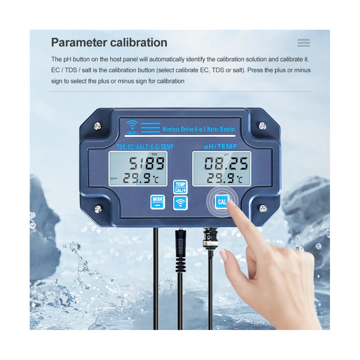 Цифровой анализатор воды 6-В-1 PH / EC / TDS / Соли / Веса брутто / температуры, Регистрирующий Онлайн-мониторинг качества воды по Wi-Fi (США) Изображение 1
