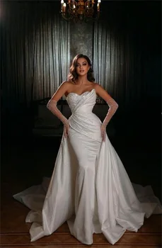 Кристаллы, жемчуг, свадебное платье русалки со съемными рукавами, атласное свадебное платье, сшитое на заказ, церковная верхняя юбка, халаты на шнуровке сзади 1