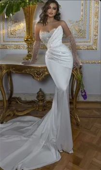 Кристаллы, жемчуг, свадебное платье русалки со съемными рукавами, атласное свадебное платье, сшитое на заказ, церковная верхняя юбка, халаты на шнуровке сзади 2
