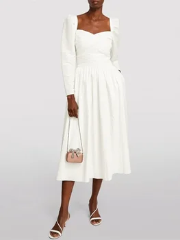 Женское платье Миди 2023, новое Осеннее платье с квадратным воротником, без спинки, с высокой талией, плиссированные Тонкие халаты в стиле ретро с длинным рукавом 1