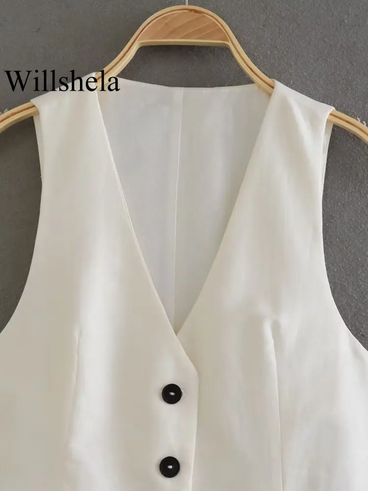 Willshela, женский модный бежевый однобортный жилет, винтажный женский шикарный топ без рукавов с V-образным вырезом Изображение 1