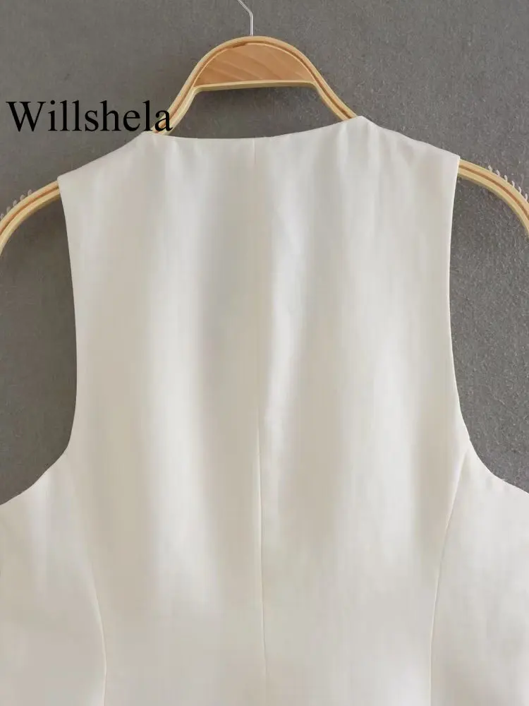 Willshela, женский модный бежевый однобортный жилет, винтажный женский шикарный топ без рукавов с V-образным вырезом Изображение 4