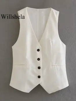 Willshela, женский модный бежевый однобортный жилет, винтажный женский шикарный топ без рукавов с V-образным вырезом