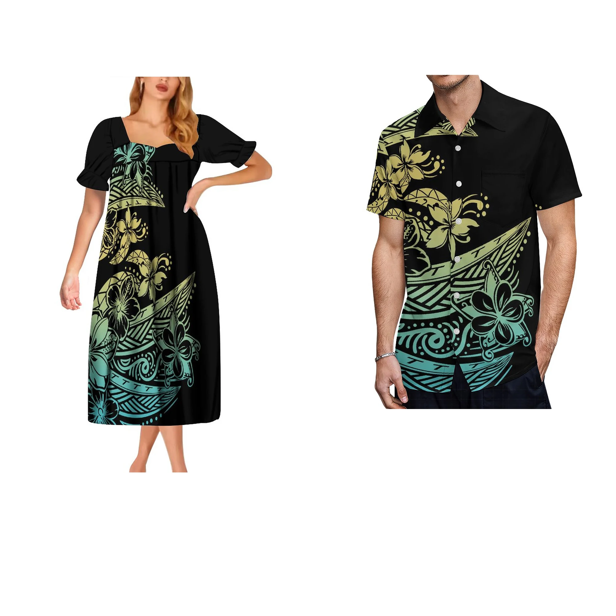 Женское изготовленное на заказ винтажное племенное полинезийское гавайское платье Женское длинное платье с пузырчатым рукавом Мужская рубашка Комплект с принтом на заказ платье Изображение 1
