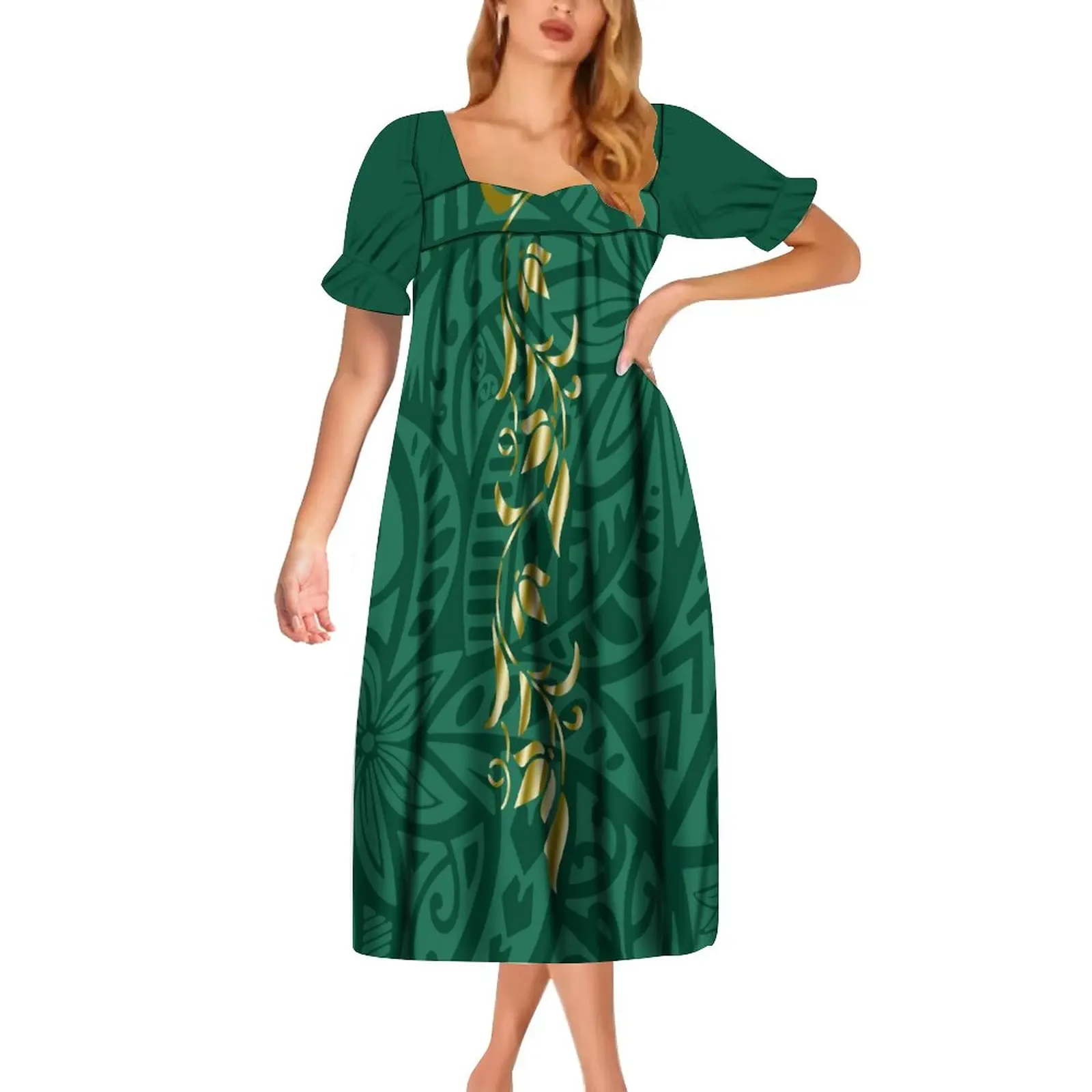 Женское изготовленное на заказ винтажное племенное полинезийское гавайское платье Женское длинное платье с пузырчатым рукавом Мужская рубашка Комплект с принтом на заказ платье Изображение 3