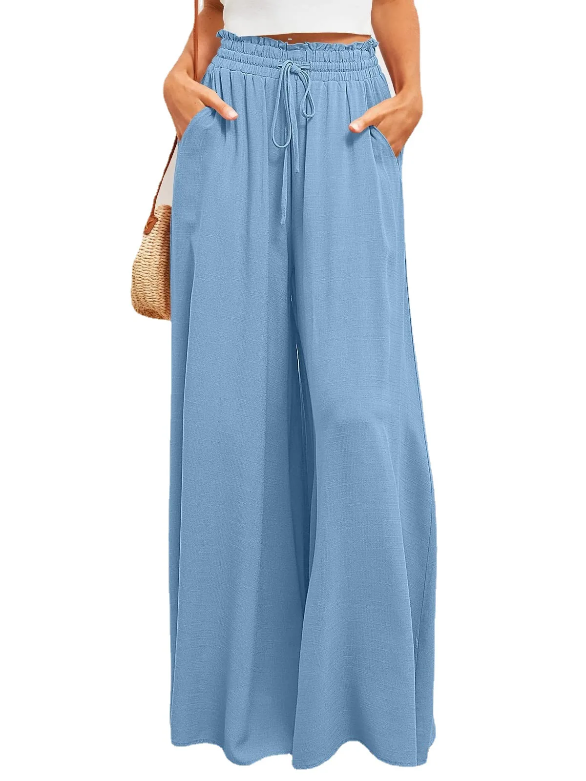 Женские однотонные широкие брюки с принтом, Повседневные, свободные, с карманом, на шнуровке, с высокой эластичной талией, со шнурком, Женские брюки для отдыха Mujer Изображение 5