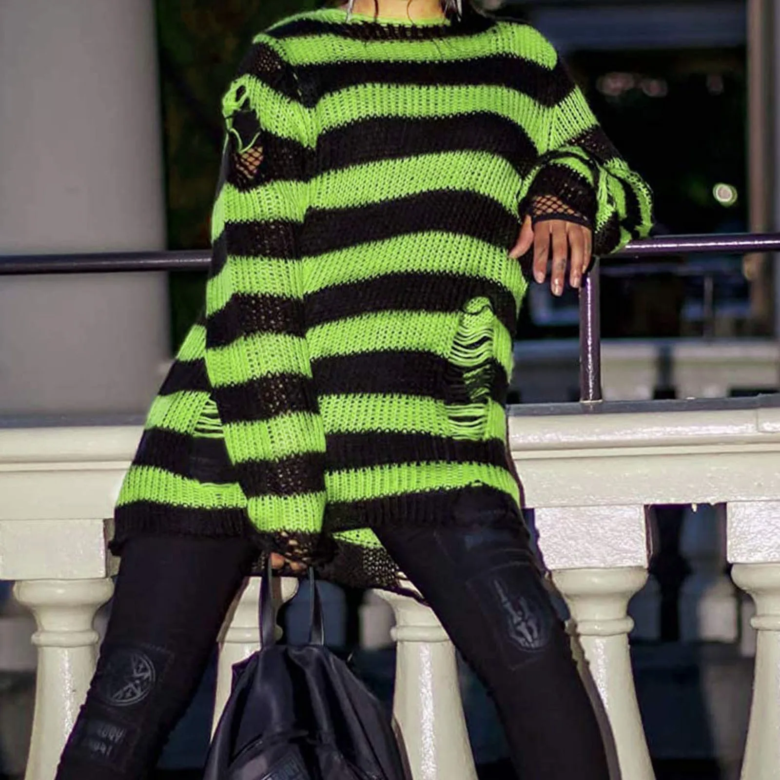Длинный свитер унисекс в стиле панк-готика, Летний женский Полосатый Крутой джемпер с дырками, свободные Тонкие темные топы уличной одежды в стиле Рок Изображение 2