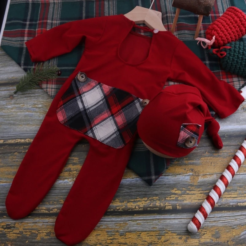 Рождественский реквизит для фотосессии новорожденных RIRI, Наряды, одежда для вязания крючком, Красная шляпа, брюки на ножках. Изображение 1