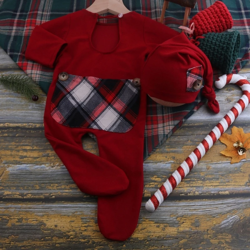 Рождественский реквизит для фотосессии новорожденных RIRI, Наряды, одежда для вязания крючком, Красная шляпа, брюки на ножках. Изображение 2