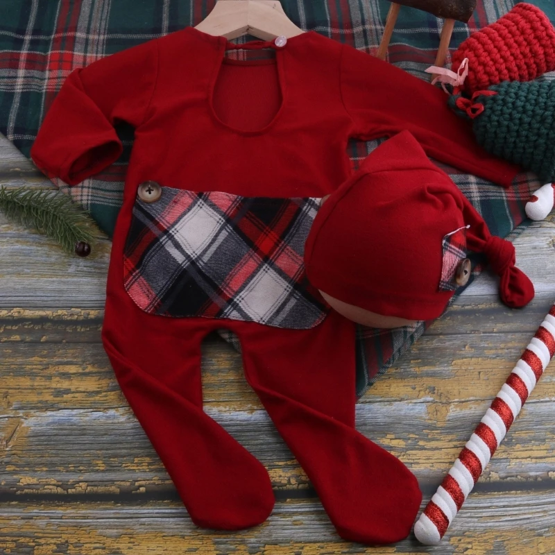 Рождественский реквизит для фотосессии новорожденных RIRI, Наряды, одежда для вязания крючком, Красная шляпа, брюки на ножках. Изображение 4