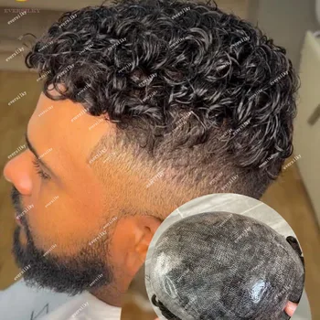 15 мм Афро вьющиеся парики на сверхпрочной кожной основе Мужской парик Тонкий полный PU афроамериканский мужской капиллярный протез для замены человека 1
