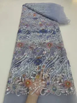 Роскошная кружевная ткань с бисером, 5 Ярдов бисера, Синяя кружевная ткань ручной работы, Вышитая Африканскими Нигерийскими пайетками, Кружевная ткань для шитья