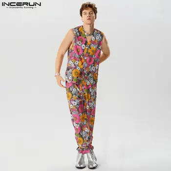 Новые мужские комплекты в американском стиле, модные жилеты с цветочным рисунком, Длинные брюки, повседневная уличная одежда, комплекты из двух предметов, S-5XL, INCERUN 2023 1