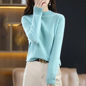 Женский базовый пуловер, свитер Осень-зима из 100% мериносовой шерсти с имитацией горловины, тонкий трикотаж, Офисная женская изящная одежда, Топы в корейском стиле