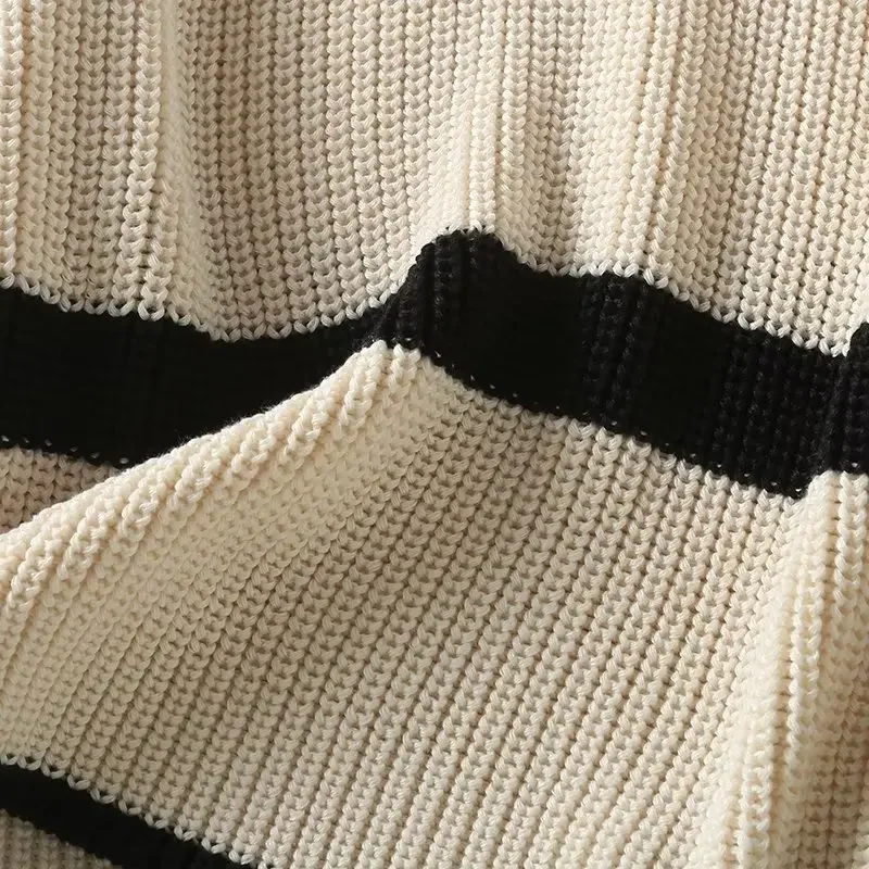 Женская мода 2023 года, новый вязаный свитер в полоску с большим отворотом, ретро-пуловер с V-образным вырезом и длинными рукавами, шикарный топ. Изображение 3