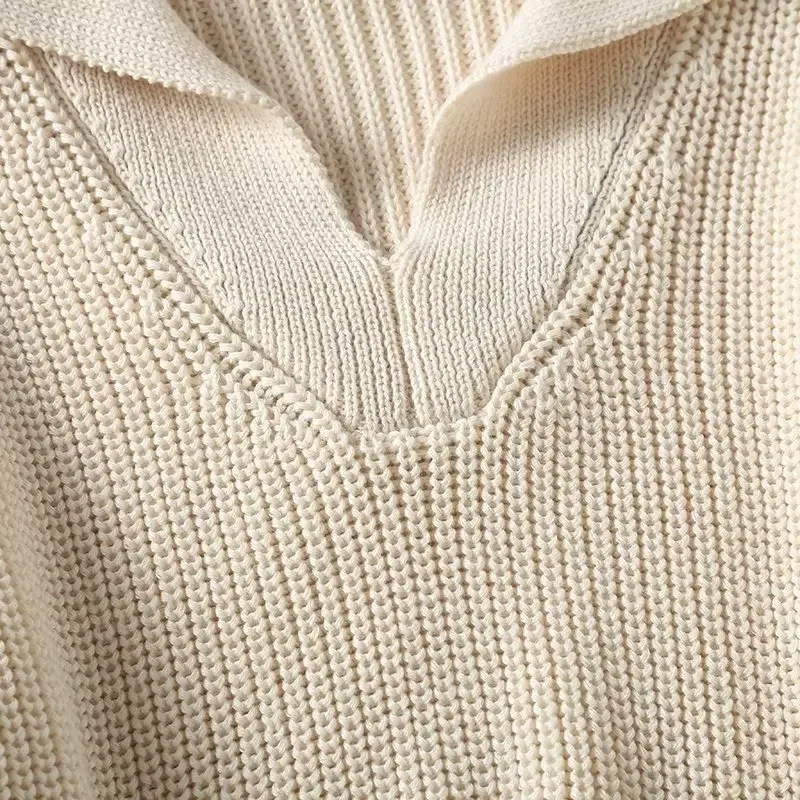 Женская мода 2023 года, новый вязаный свитер в полоску с большим отворотом, ретро-пуловер с V-образным вырезом и длинными рукавами, шикарный топ. Изображение 5