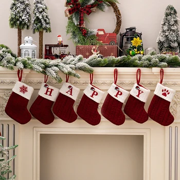 Рождественские носки с красными буквами алфавита в виде снежинок, Рождественский вязаный чулок, подвеска в виде Рождественской елки, декор для дома, Новогодние подарки 1
