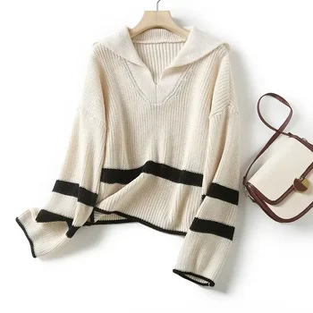 Женская мода 2023 года, новый вязаный свитер в полоску с большим отворотом, ретро-пуловер с V-образным вырезом и длинными рукавами, шикарный топ. 1