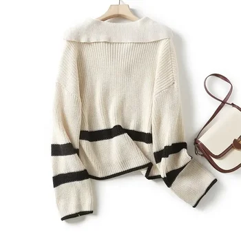 Женская мода 2023 года, новый вязаный свитер в полоску с большим отворотом, ретро-пуловер с V-образным вырезом и длинными рукавами, шикарный топ. 2