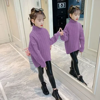 Свитер с высоким воротом для девочек 2023, осень-зима, Новый детский плюшевый утолщенный пуловер, Корейский модный вязаный свитер для девочек 7 9 лет 2