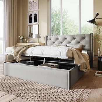 Гидравлическая двуспальная кровать с мягкой обивкой 160x200 см, кровать с металлическим решетчатым каркасом, современный каркас кровати с местом для хранения, хлопок 1