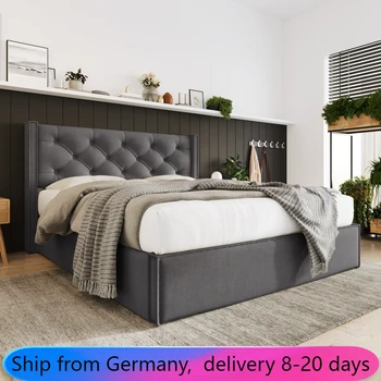 Гидравлическая двуспальная кровать с мягкой обивкой 160x200 см, кровать с металлическим решетчатым каркасом, современный каркас кровати с местом для хранения, хлопок 2