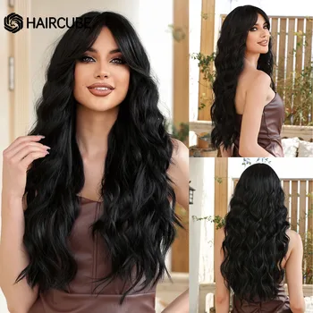 Длинные черные волнистые парики HAIRCUBE с челкой для чернокожих женщин, термостойкие синтетические парики, косплей, Хэллоуин, волосы из натуральных волокон 1