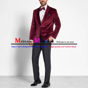 Классические костюмы, мужская куртка бордового цвета, черные брюки, 2 предмета, повседневный деловой мужской костюм, Приталенный свадебный костюм жениха, Смокинг, блейзер, комплект 1