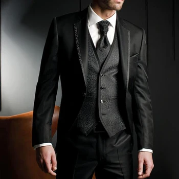 Черные официальные мужские костюмы для свадьбы, приталенный жакет с цветочным рисунком из 3 предметов, жилет с брюками, мужской модный костюм на заказ2023 1