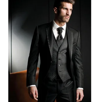 Черные официальные мужские костюмы для свадьбы, приталенный жакет с цветочным рисунком из 3 предметов, жилет с брюками, мужской модный костюм на заказ2023 2