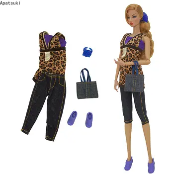 Леопардовая модная кукольная одежда для Барби, комплект одежды для Барби, топ, укороченные брюки, Обувь, Сумочка, Аксессуары для кукол 1/6 1