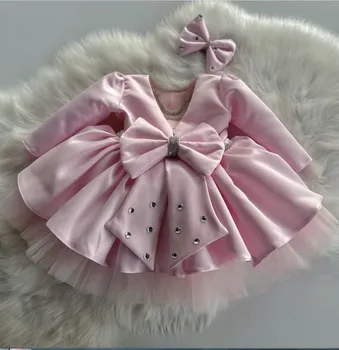 Розовое платье принцессы с цветочным узором для девочек, Атласные Пышные платья с длинными рукавами и бантом, милые детские праздничные платья для Дня рождения, свадебные бальные платья 1