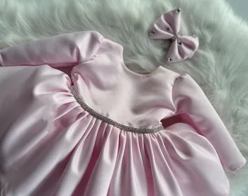 Розовое платье принцессы с цветочным узором для девочек, Атласные Пышные платья с длинными рукавами и бантом, милые детские праздничные платья для Дня рождения, свадебные бальные платья 2