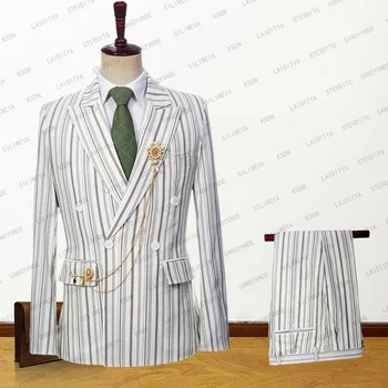 2023 Новый Мужской костюм, комплект из 2 предметов, куртка, брюки, Высококачественное Белое льняное платье в светло-зеленую полоску, деловое Формальное свадебное платье Джентльмена 1