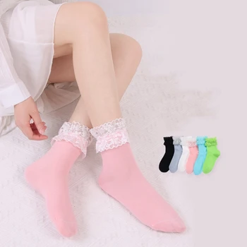 Короткие хлопчатобумажные носки Kawaii в японском стиле Харадзюку, Черно-белые кружевные носки в стиле Лолиты для женщин и девочек, дышащие носки принцессы со сладкими оборками 1